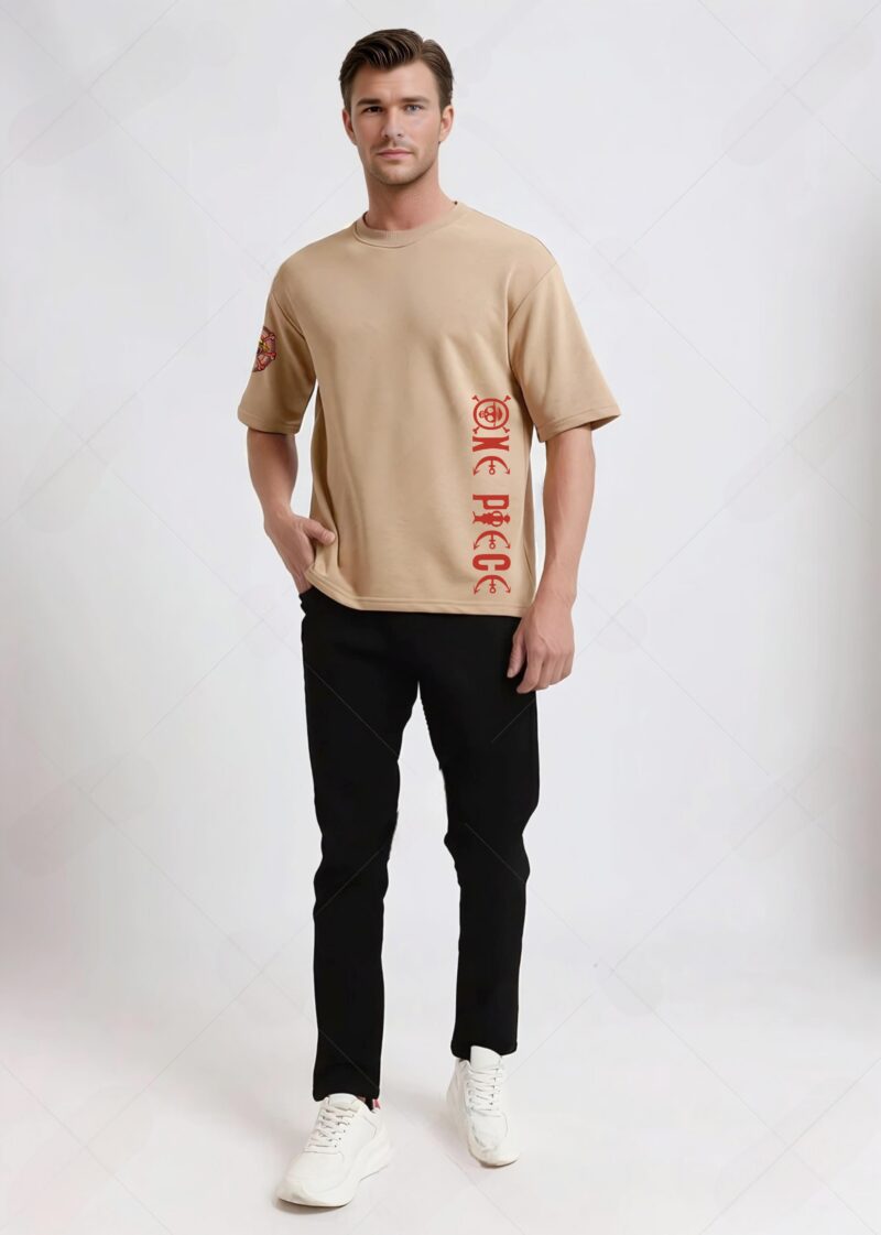 UNISEX LUFFY PIRATE PRINTED BIEGE OVERSIZE T-SHIRT - Image 3
