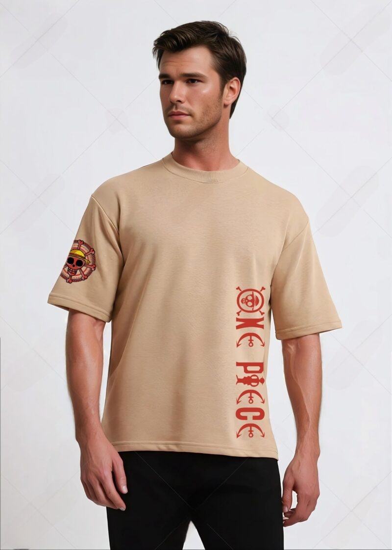 UNISEX LUFFY PIRATE PRINTED BIEGE OVERSIZE T-SHIRT - Image 4