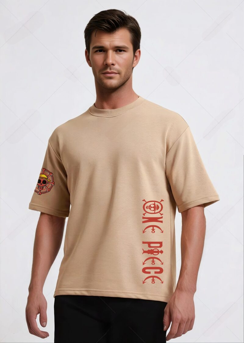 UNISEX LUFFY PIRATE PRINTED BIEGE OVERSIZE T-SHIRT - Image 2